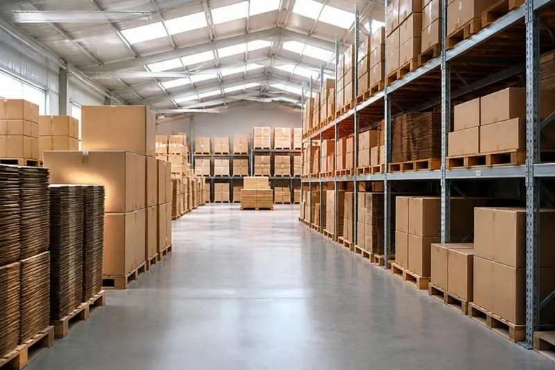Illustrative image of a clean packaging warehouse aisle with stacked cartons