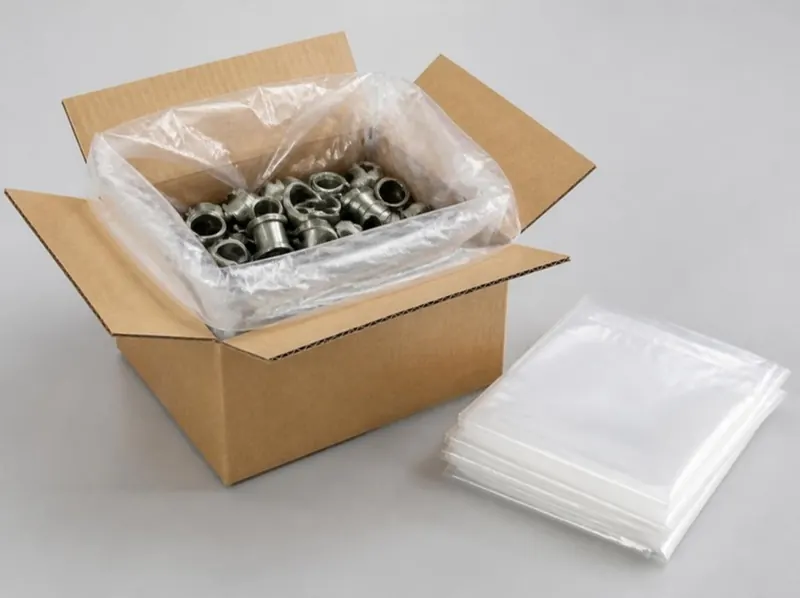 Carton lined with a clear plastic bag holding metal parts, beside folded liners