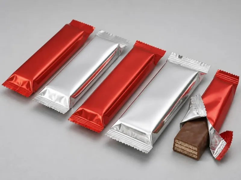 Red and silver flow-wrapped chocolate wafer bars, one opened