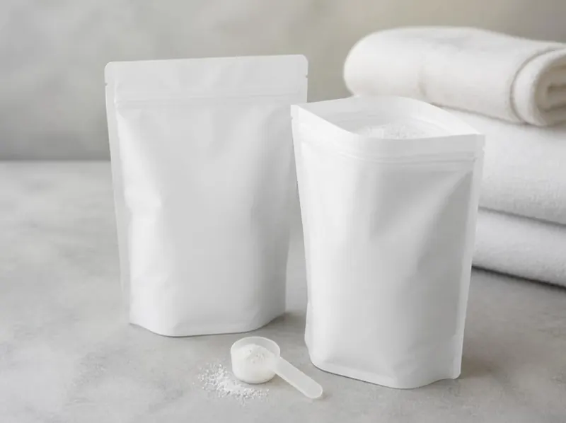 Two white zipper pouches of washing powder with a scoop