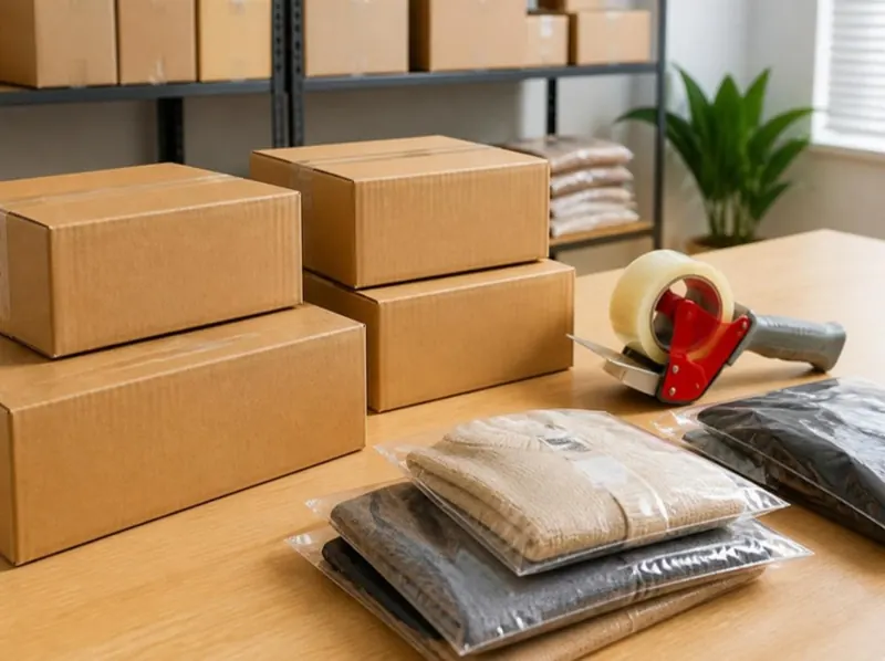 Packing table with taped cartons, a tape dispenser and items in clear poly bags