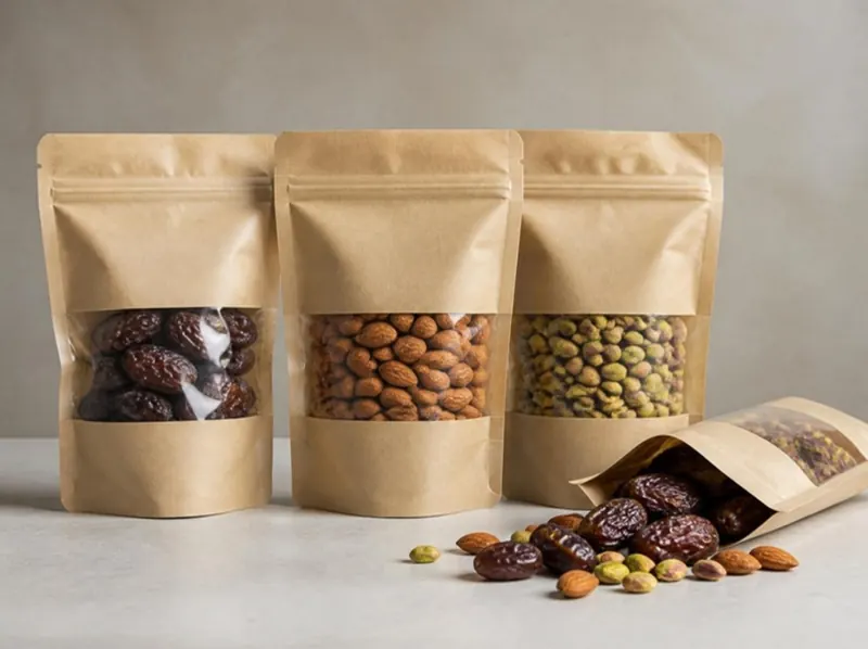 Kraft window pouches filled with dates, almonds and pistachios