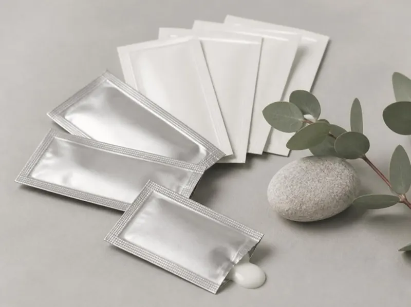 Foil and white sample sachets, one opened, beside a eucalyptus sprig