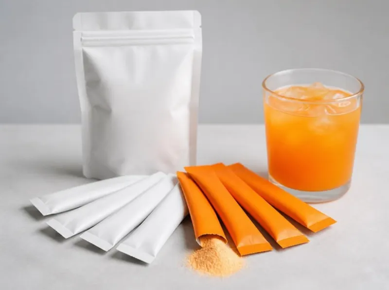Stick sachets of drink powder, a white pouch and a glass of orange drink