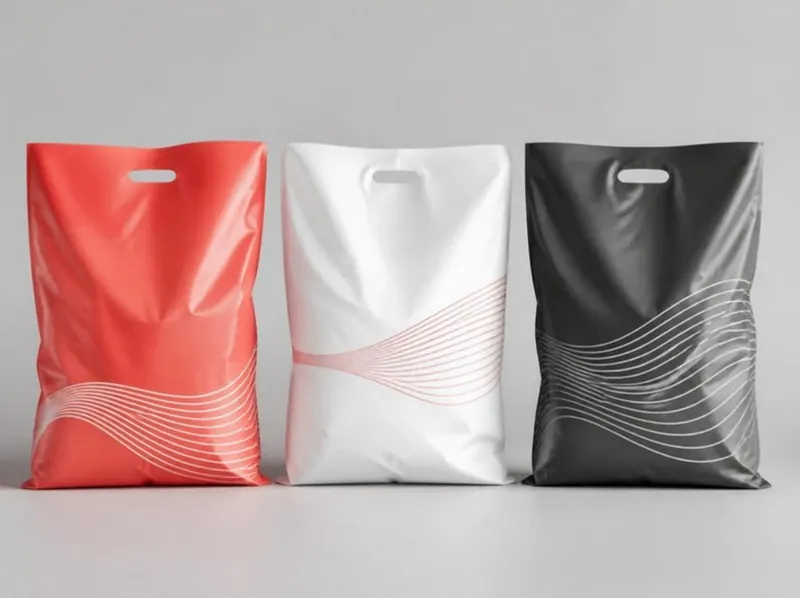 Three carrier bags with an abstract printed wave pattern, shown as a custom printing concept