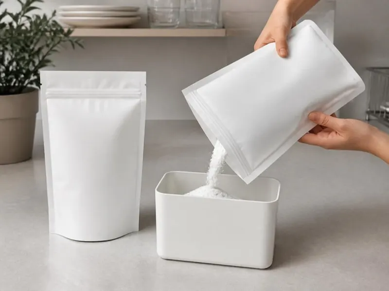 Powder being poured from a white refill pouch into a container