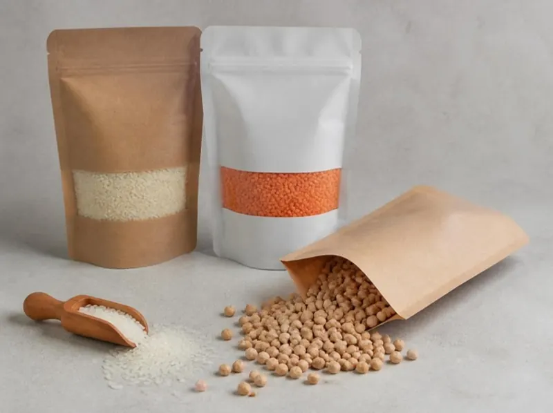 Kraft and white stand-up pouches with rice and chickpeas spilling out