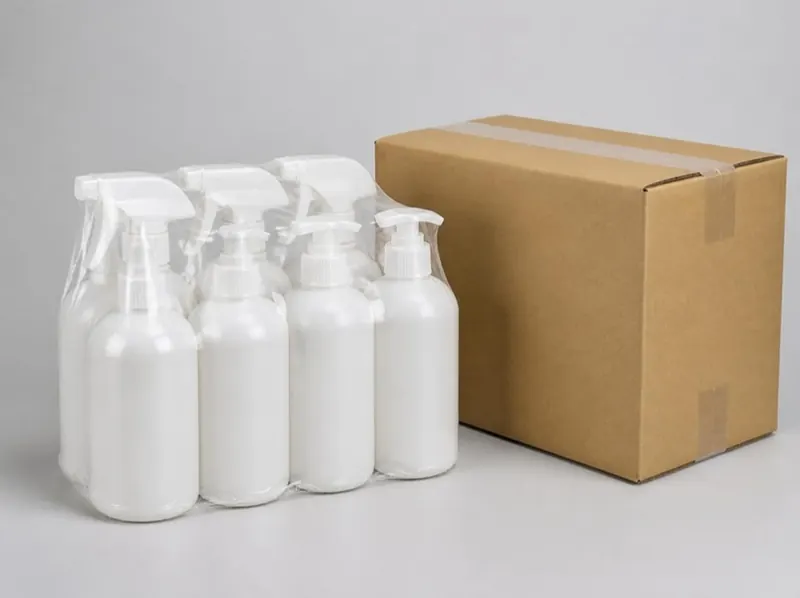 White spray bottles grouped together beside a taped carton