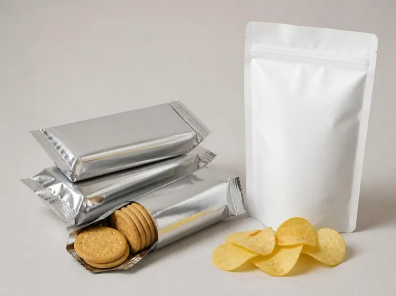Silver flow-wrapped biscuit packs and a white snack pouch with crisps