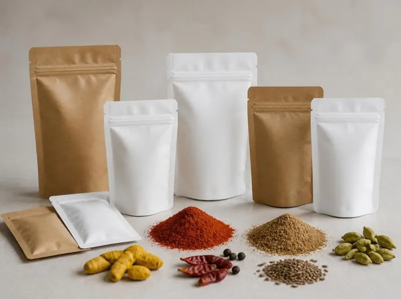 Small kraft and white pouches beside heaps of ground and whole spices