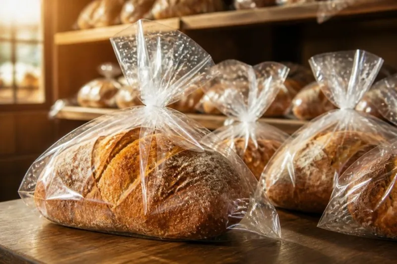 Bread loaves in clear film bags on a bakery counter