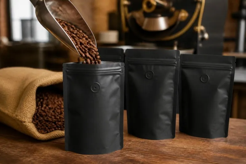 Coffee beans poured into black valve pouches at a roastery counter