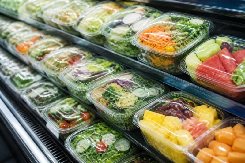 Salad and fruit trays sealed with clear film in a chilled display