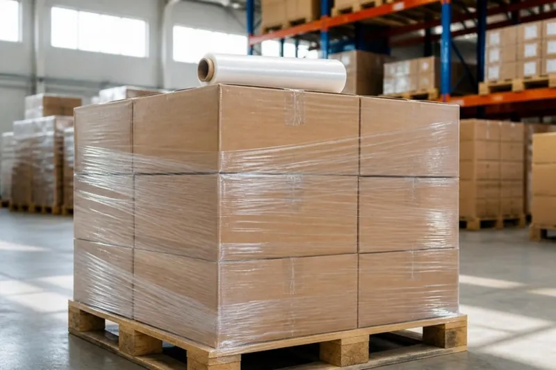Pallet of cartons wrapped in stretch film in a warehouse