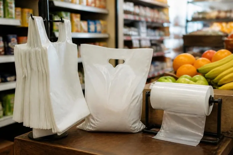 White vest bags, a carrier bag and a roll of produce bags at a shop counter