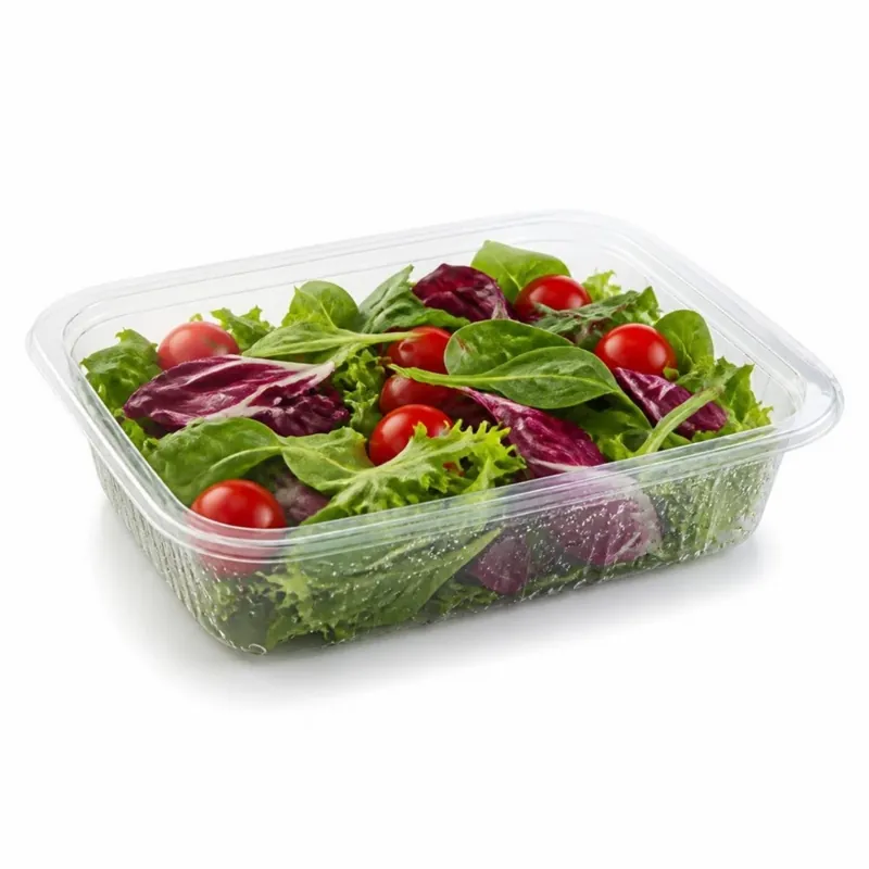 Tray of fresh salad sealed under clear film with no misting