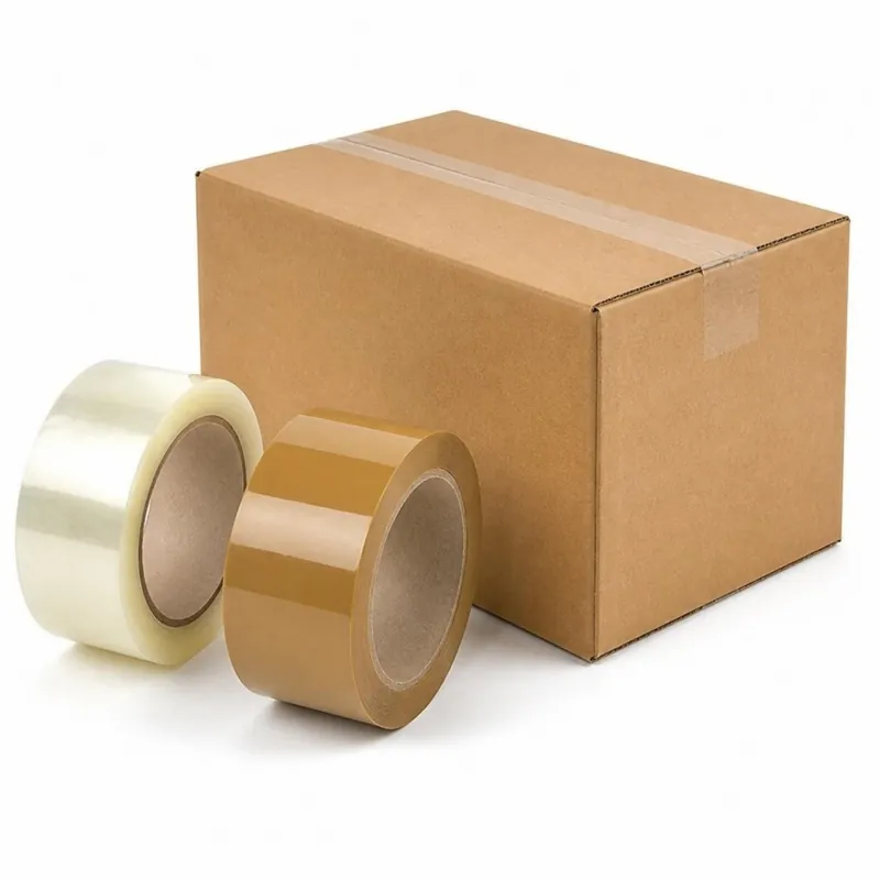 Clear and tan BOPP packing tape rolls beside a carton sealed with tape