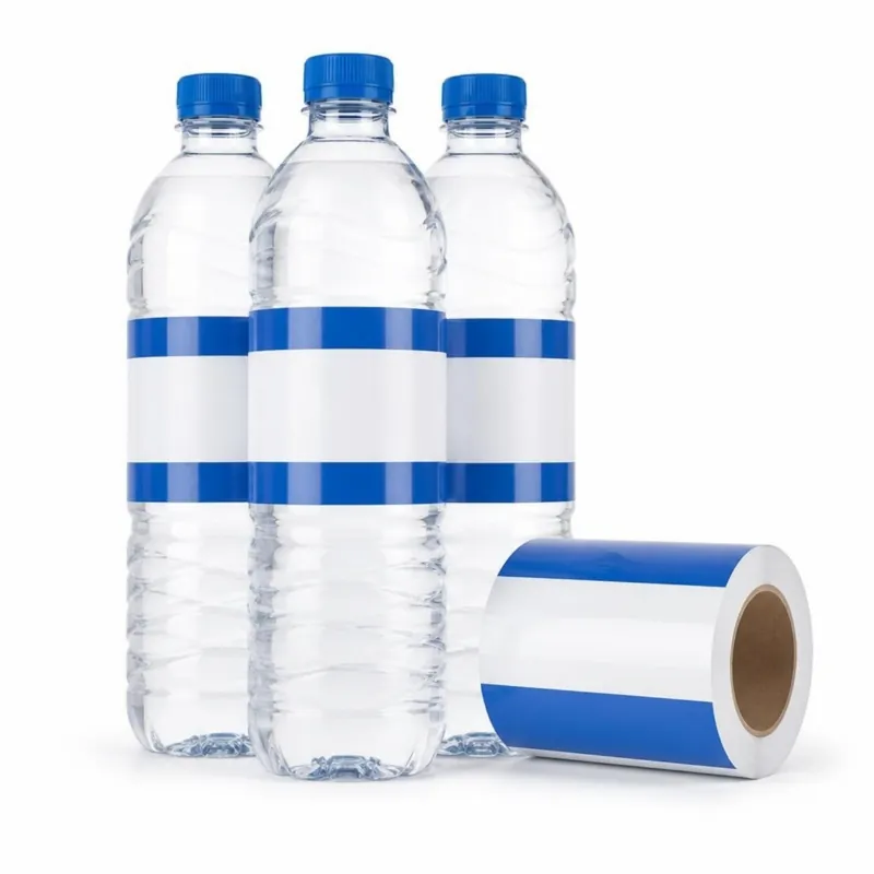 Water bottles with plain blue and white wrap-around labels beside a label roll