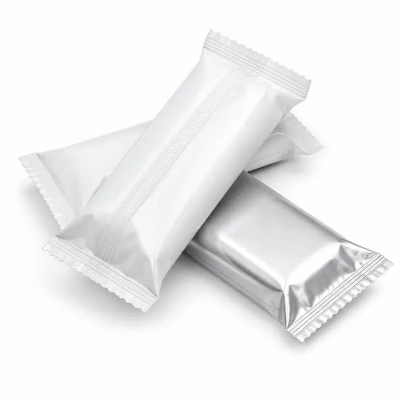 Blank white and silver flow-wrap packs with crimped ends