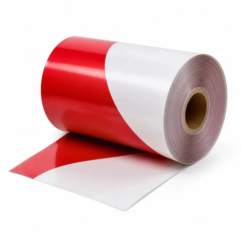Roll of glossy laminated packaging film with red and white bands