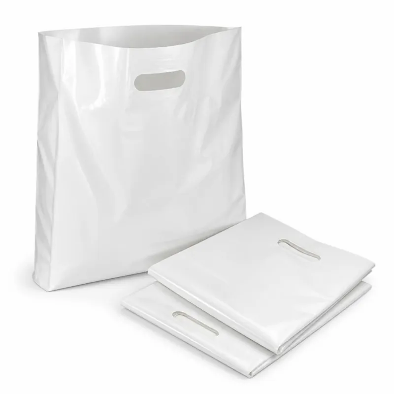 Plain white plastic carrier bags with die-cut handles