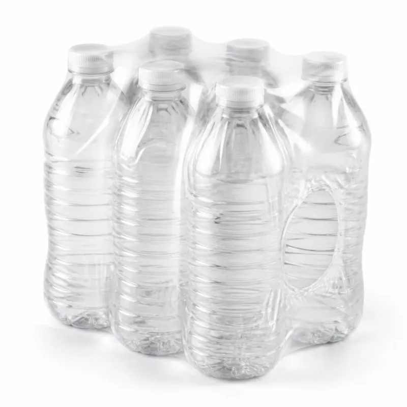 Six water bottles bundled tightly in clear shrink film