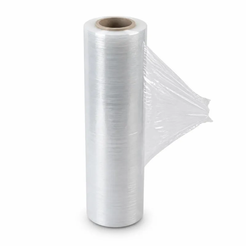 Roll of clear stretch film on a cardboard core with a loose end pulled out