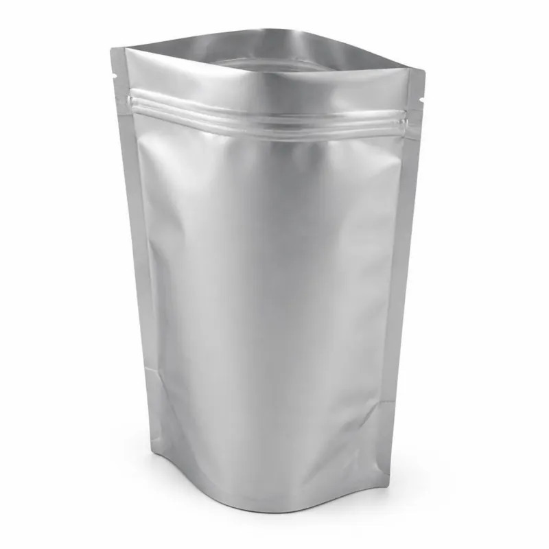 Blank silver stand-up pouch with a resealable zip below the top edge